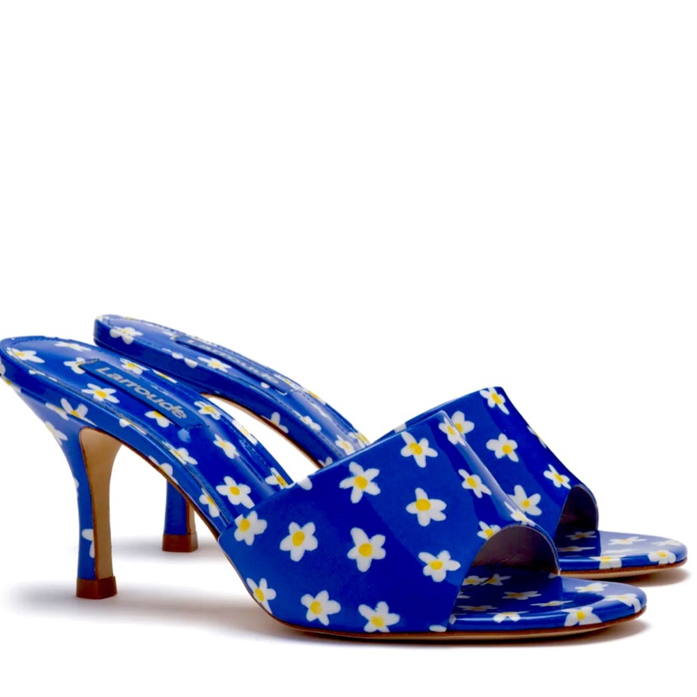 Larroude “The Colette Mule” Slide Stiletto in Blue Floral Daisy Patent Leather